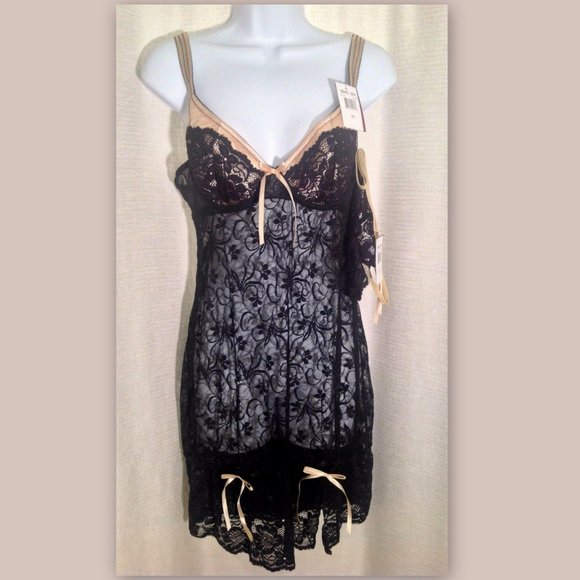DONNA L'OREN Size Medium 2-Piece Sexy Sheer Black Lace Babydoll Nightie & Thong - Picture 1 of 6